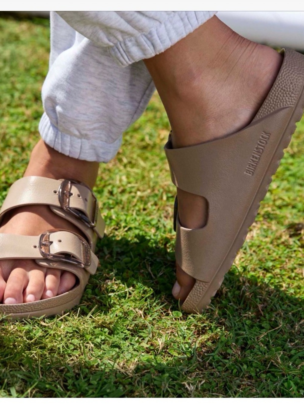 Birkenstock EVA 2-Strap Slide Sandals in Taupe Brown with Big Buckles - Picture 9 of 9
